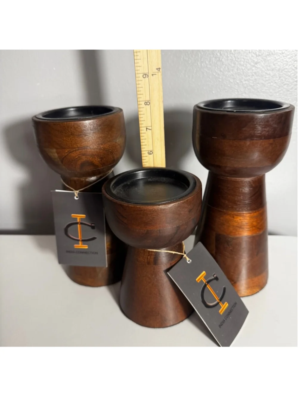 Set of 3 Dark “wood” Pillar Candle Holders India Connection Brown Black